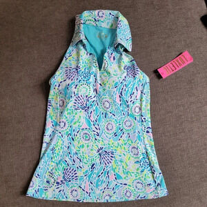 Lilly Pulitzer Luxletic Women's Blue Ibiza Sleeveless Collar Top Size Xxsmall